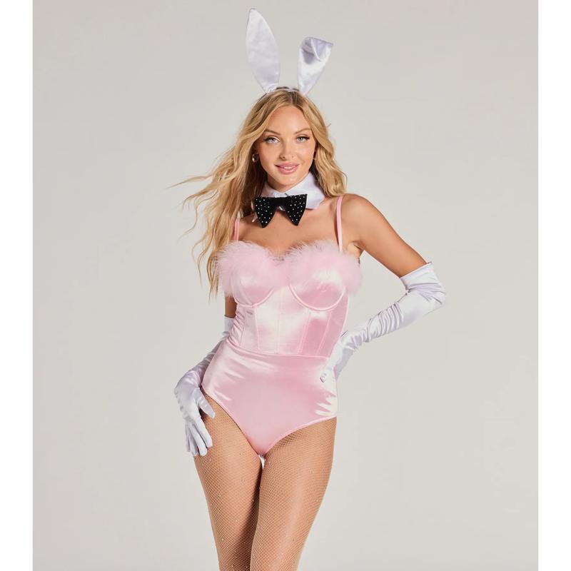 Bunny Bombshell Feather Trim Corset Bodysuit