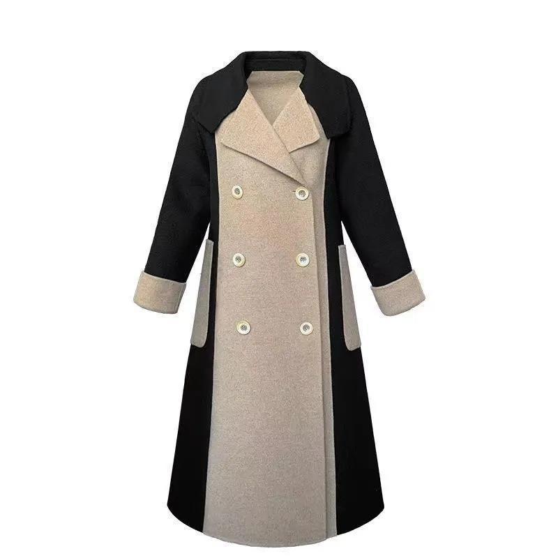 Hepburn style woolen coat for women long 2024 winter new style high-end temperament slim contrast color woolen coat for women