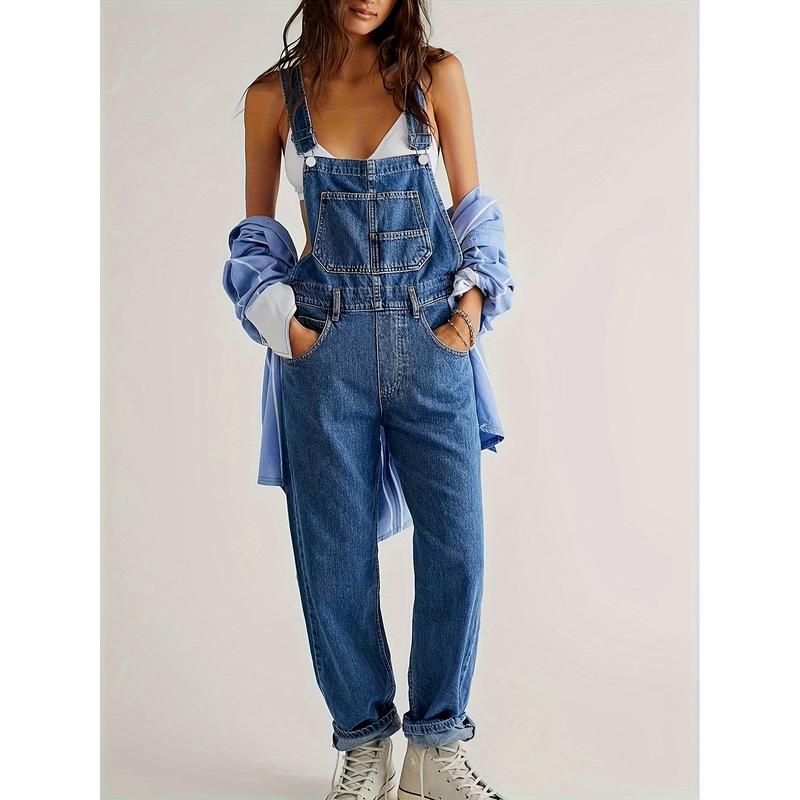 Women's Fashion Denim Overalls, Casual Style, Non-Stretch, Relaxed Fit - Classic Blue Jean Jumpsuit Dungarees With Pockets For Fall Polyester Womenswear