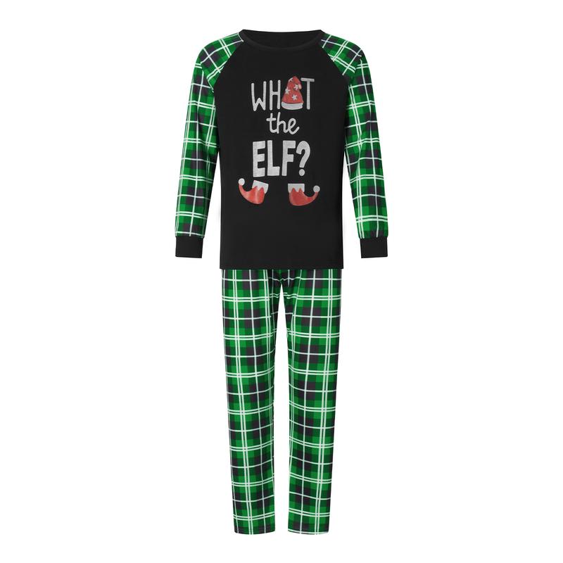 Family Matching Christmas Pajamas Elf Letter Print Long-Sleeved Pullover Tops Plaid Trousers Night Sleepwear