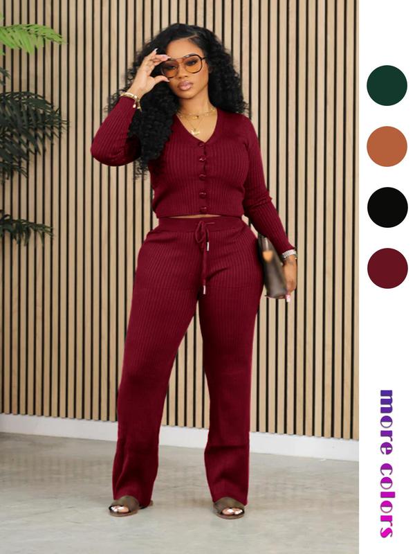 Women's Plain Button Front V Neck Top & Drawstring Waist Pants Set, Two Piece Sets, Fall 2 Piece Set Women Wear, Long Sleeve Top & Elastic Waist Trousers Co-ord Sets Downtown Girl Clothes