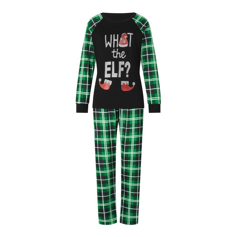 Family Matching Christmas Pajamas Elf Letter Print Long-Sleeved Pullover Tops Plaid Trousers Night Sleepwear