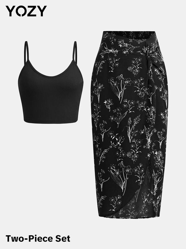 YOZY Black Friday Deals [6 colors, size 0 2-14] Crop Cami Top & Ditsy Twist Dress Set  Asymmetric Floral Print, Sleeveless Adjustable Spaghetti Strap Top & High Waist Skirt, [XS-XXL] Christmas 2024 Trend, Thanksgiving Outfits, Fall Outfits, Winter Outfits