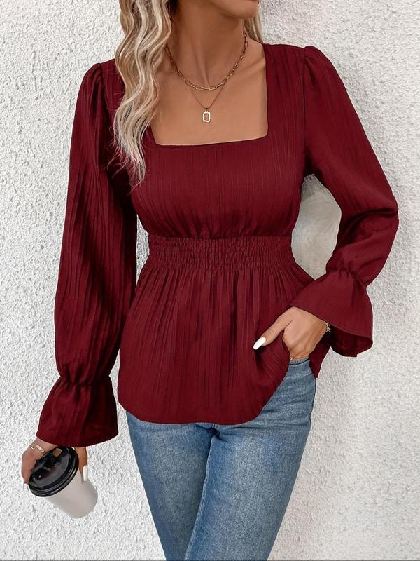 Women's Textured Flounce Sleeve Blouse, Casual Solid Square Neck Top for Spring & Fall, Women's Clothing for Daily Wear