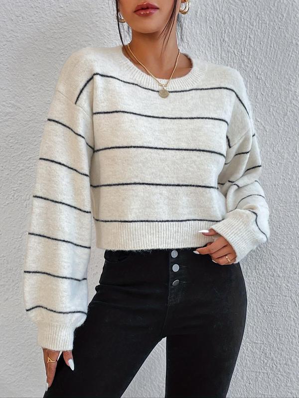 Women's Striped Print Drop Shoulder Sweater, Casual Long Sleeve Round Neck Jumper for Spring & Fall, Fashion Women's Knitwear for Daily Wear,  Fall Clothes