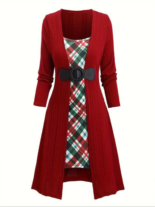 Plaid Patchwork Print Textured Square Neck  2 IN 1 A Line Dress, Casual Long Sleeve Dress for Fall & Winter, Women's Clothes for Daily Wear