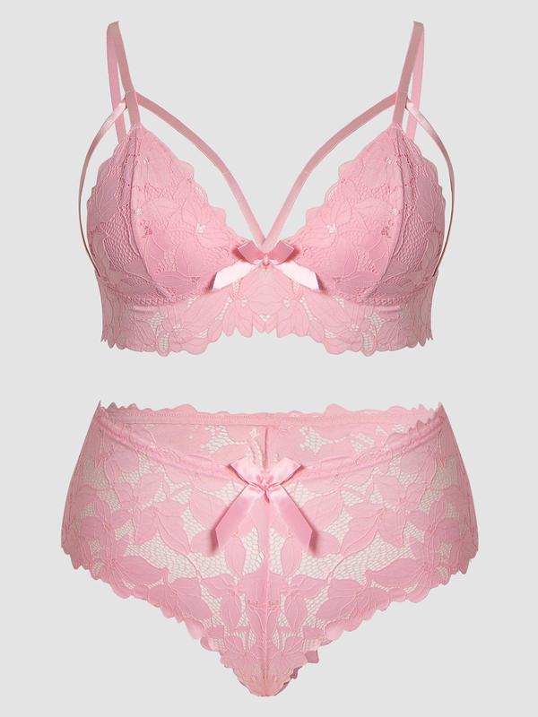  Floral Lace Underwear Set, Adjustable Strap Wireless Bra & Bow Decor Panty Set, Women's Lingerie Set for All Seasons