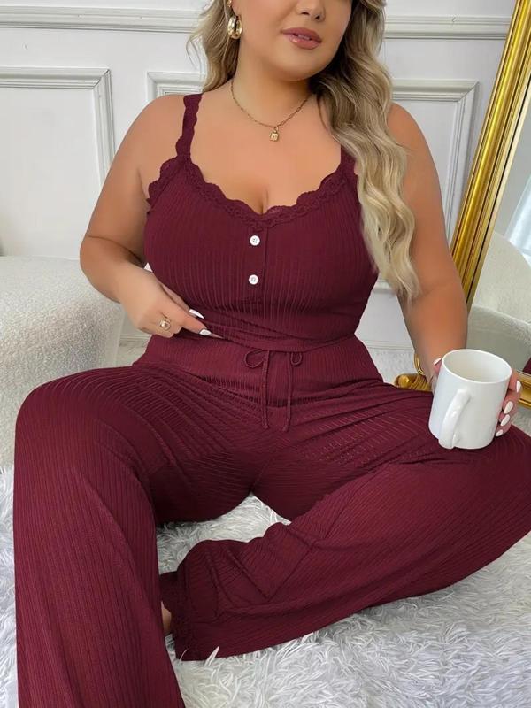  Contrast Lace Cami Top & Tie Front Pants Loungewear Two-Piece Set, Comfy Spaghetti Strap Camisole & Trousers PJ Set, Women's Sleepwear for All Seasons