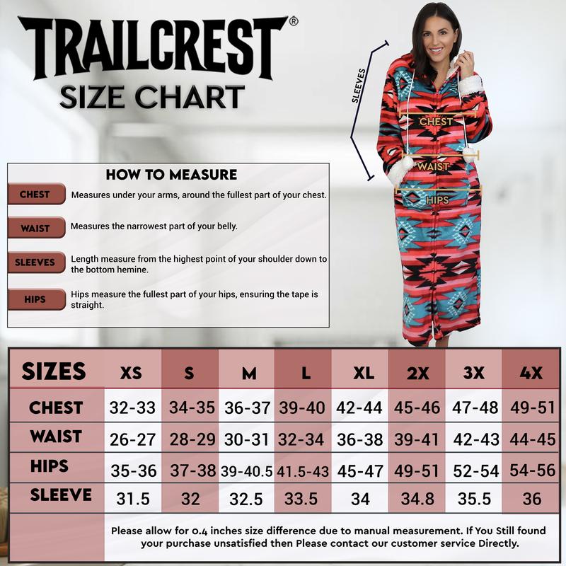 Trailcrest Aztec Womens Lightweight Soft Fleece Hooded Zip Up Lounge Bathrobe- Plush Long Spa Robes Sleepwear Apparel