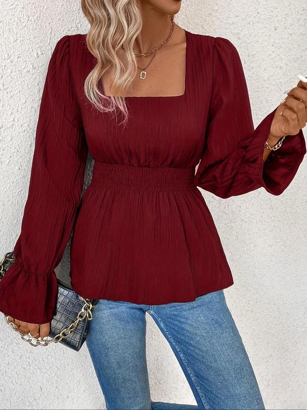 Women's Textured Flounce Sleeve Blouse, Casual Solid Square Neck Top for Spring & Fall, Women's Clothing for Daily Wear