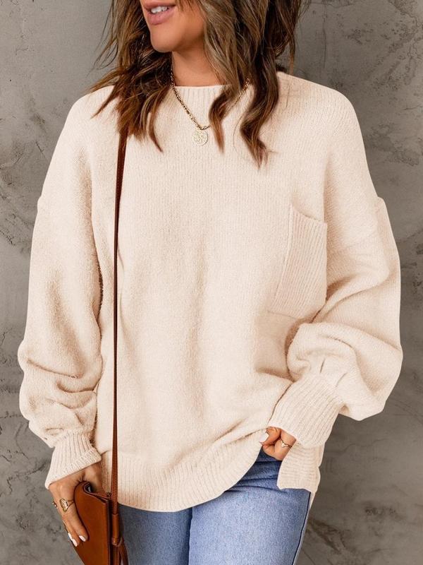 Women's Plain Pocket Drop Shoulder Sweater, Fall Sweaters for Women, Casual Long Sleeve Round Neck Jumper for Daily Outdoor Wear, Women Knitwear for Fall, Downtown Girl Clothes, Fall Outfits