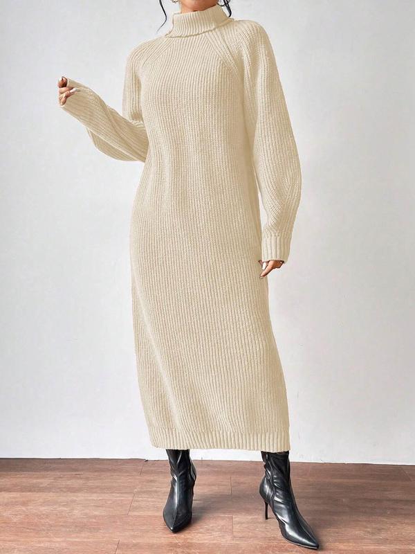 Women's Solid Raglan Sleeve Turtle Neck Sweater Dress, Casual Long Sleeve Jumper Dress for Fall & Winter, Women's Knitwear for Daily Wear