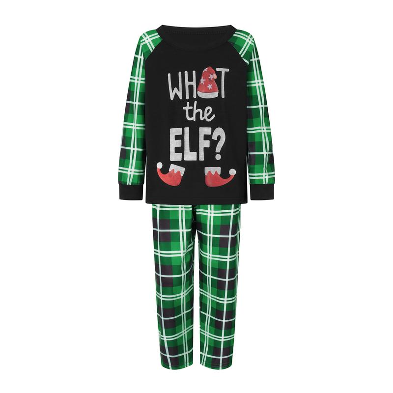 Family Matching Christmas Pajamas Elf Letter Print Long-Sleeved Pullover Tops Plaid Trousers Night Sleepwear