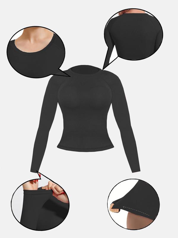 Women's Solid Round Neck Raglan Sleeve Sports Thermal Underwear Top, Casual Comfy Breathable Long Sleeve Top for Fall & Winter, Ladies Sportswear for Indoor Outdoor Wear