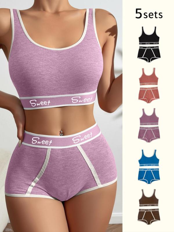 Women's 10pcs Letter Tape Wireless Bra & Contrast Binding Panty Shorts Set, Back To School Soft Comfy Breathable Lingerie Set for Daily Wear, Ladies Underwear Set for Fall