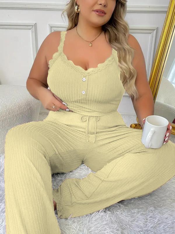  Contrast Lace Cami Top & Tie Front Pants Loungewear Two-Piece Set, Comfy Spaghetti Strap Camisole & Trousers PJ Set, Women's Sleepwear for All Seasons