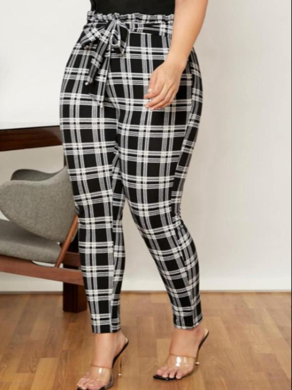  Plaid Print Tie Front Ruffle Leggings, Casual Comfy Elastic Waist Skinny Pants for Daily Wear, Women's Bottoms for Fall & Winter