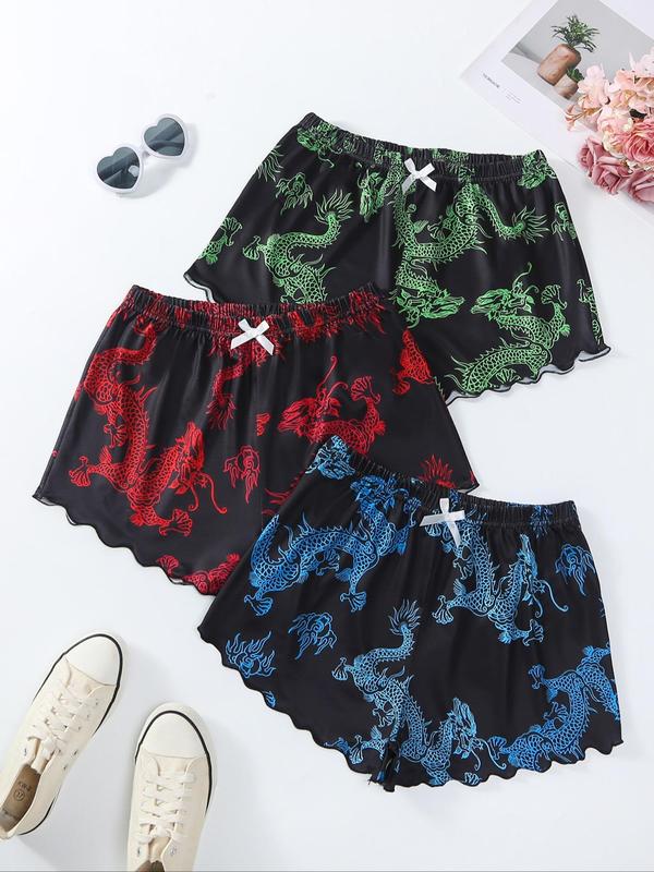 Women's Leopard Print Lettuce Trim Sleep Shorts, Back To School Casual Comfy Elastic Waist Pajama Shorts, Ladies Sleep Bottoms for All Seasons