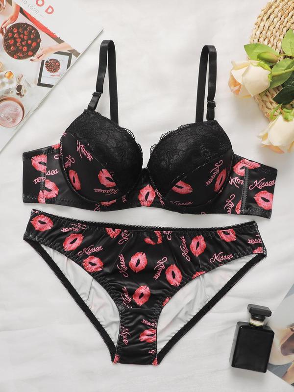 Two-Piece Set Women's Letter Lip Print Contrast Lace Push Up Bra & Panty Set, Comfy Adjustable Strap Lingerie Set For Daily Wear, Women's Two-Piece Underwear Set For All Seasons