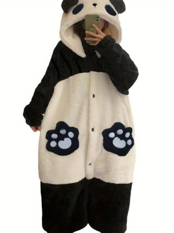 Women's Panda Design Coral Fleece Bathrobe, Casual Long Sleeve Button Front Hooded Robe, Ladies Sleepwear for Fall & Winter