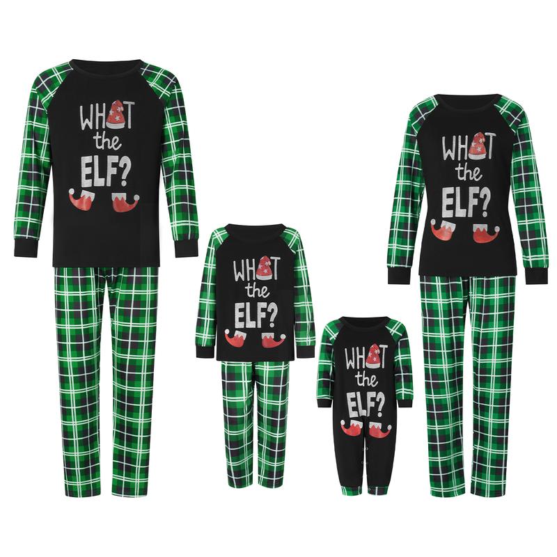 Family Matching Christmas Pajamas Elf Letter Print Long-Sleeved Pullover Tops Plaid Trousers Night Sleepwear