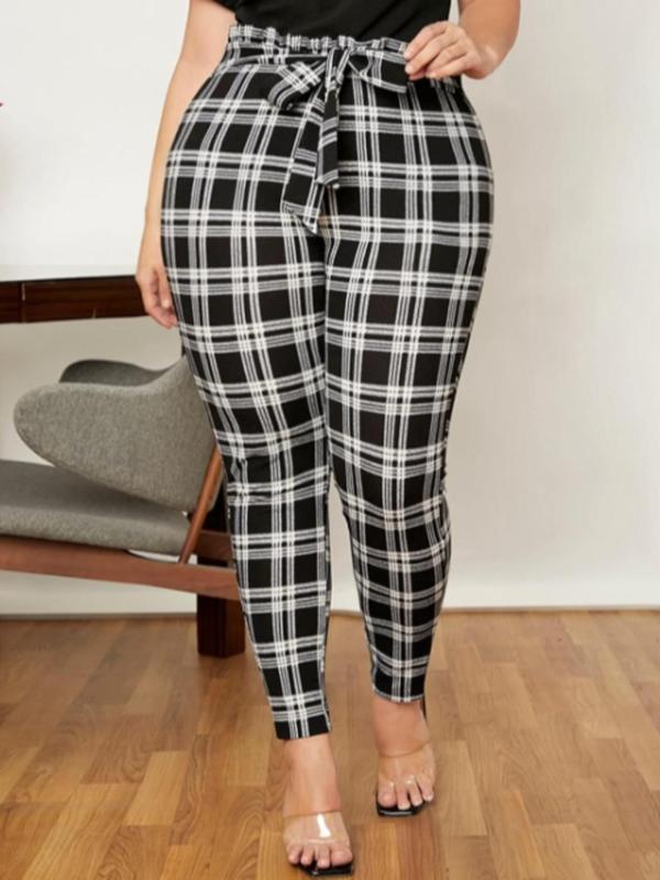  Plaid Print Tie Front Ruffle Leggings, Casual Comfy Elastic Waist Skinny Pants for Daily Wear, Women's Bottoms for Fall & Winter