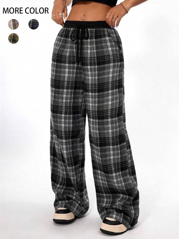 Women's Plaid Print Drawstring Waist Wide Leg Pants, Pants for Women, Going Out Bottoms, Casual Comfy Pocket Trousers for Spring & Fall, Women's Bottoms for Daily Wear, Downtown Girl Clothes, Preppy 80s Clothes