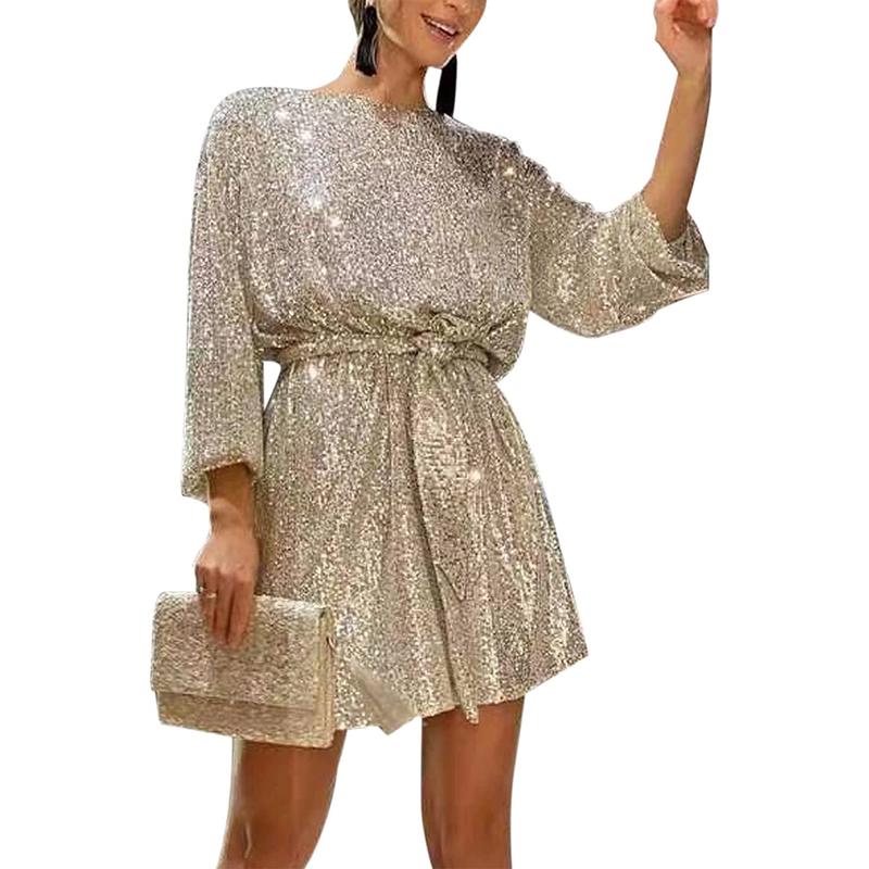 Sparkling Glamorous Party Dress Cocktail Gorgeous Glitter Bodycon Costume Evening Club Outfit Sequin Plus Size Mini Dress Long Sleeve Round Neck Women's Basic Womenswear Black Friday