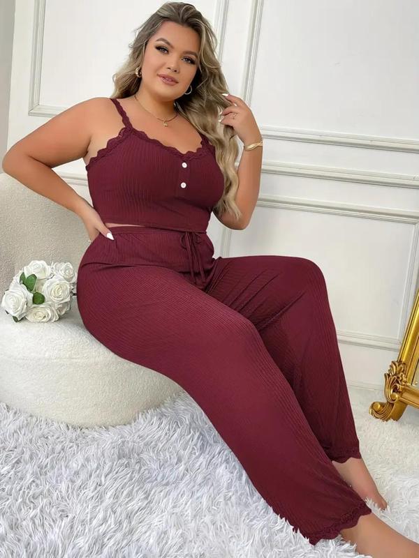  Contrast Lace Cami Top & Tie Front Pants Loungewear Two-Piece Set, Comfy Spaghetti Strap Camisole & Trousers PJ Set, Women's Sleepwear for All Seasons