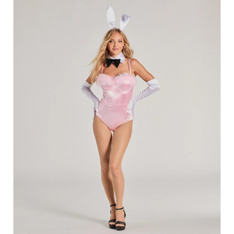 Bunny Bombshell Feather Trim Corset Bodysuit