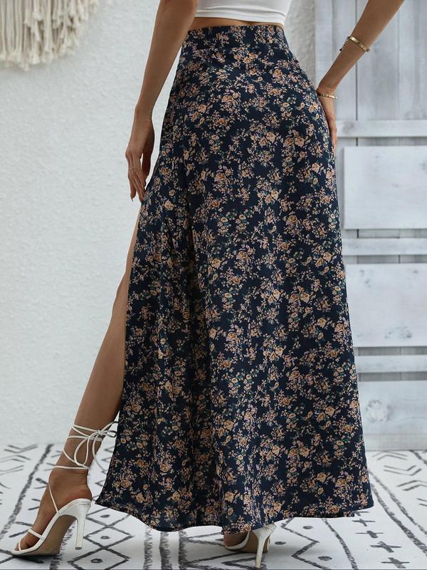 Women's Ditsy Floral Print Split Thigh Long Skirt, Boho Casual High Waist A Line Vintage Skirt for Beach Holiday Vacation, Ladies All Seasons Clothes