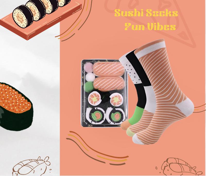 3-Pack Unisex Novelty Sushi Socks – Fun Gift Stocking Stuffer for Parties, Holidays, Birthdays, Halloween, and Christmas | Festive soft mid-calf socks