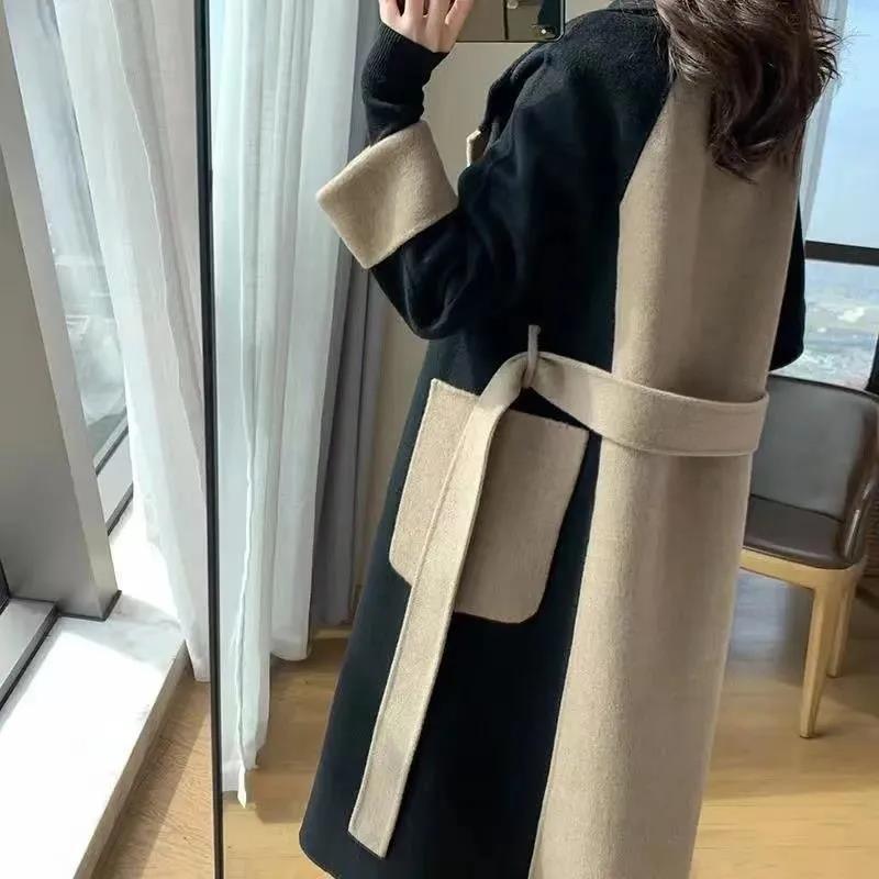 Hepburn style woolen coat for women long 2024 winter new style high-end temperament slim contrast color woolen coat for women