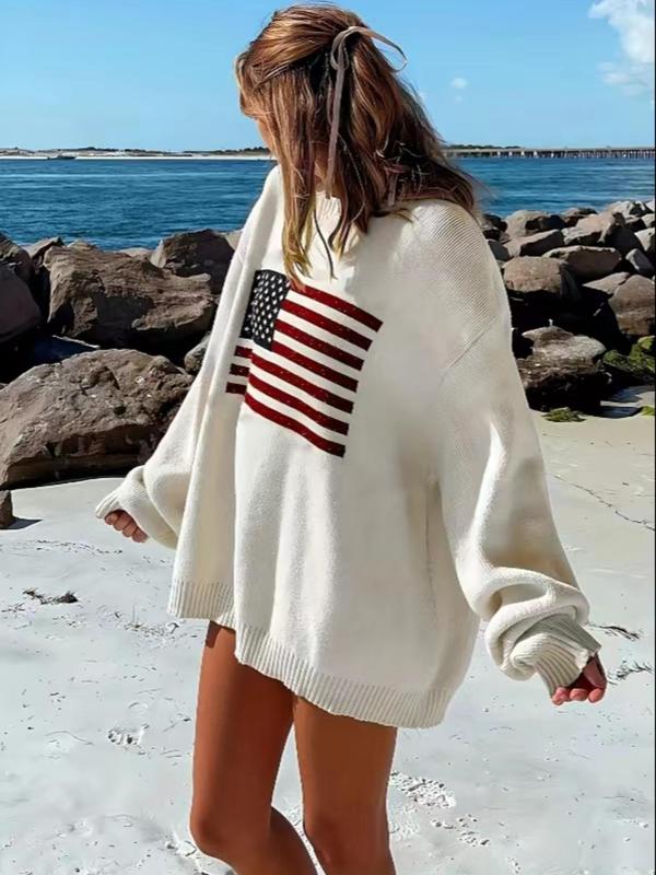 Women's Striped Print Drop Shoulder Spring 4th of July Sweater, Casual Longsleeves Round Neck Jumper for Fall, Womenswear Knitting Tops, Back To School Outfits, Women's Knitwear for Daily Wear, Lady Clothes, Downtown Girl Clothes, Preppy 80s Clothes