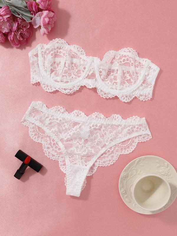 Women's Floral Lace Sheer Sexy Lingerie Set, Fashion Cut Out Adjustable Bandeau Bra & Scallop Trim Panty, Breathable Sexy Lingerie Set for All Seasons