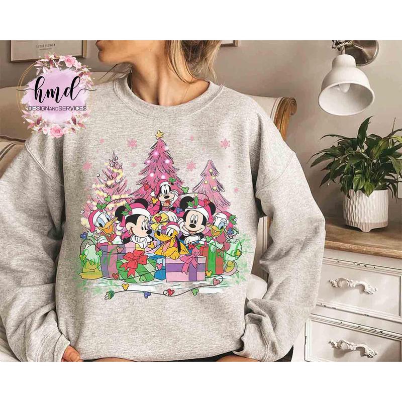 Santa Mickkey and Friends Pink Christmas Light Sweatshirt, Cartoon Mickkey's Very Merry Xmas Matching Tee, Cartoon Vacation Holiday Family Gift RUXV