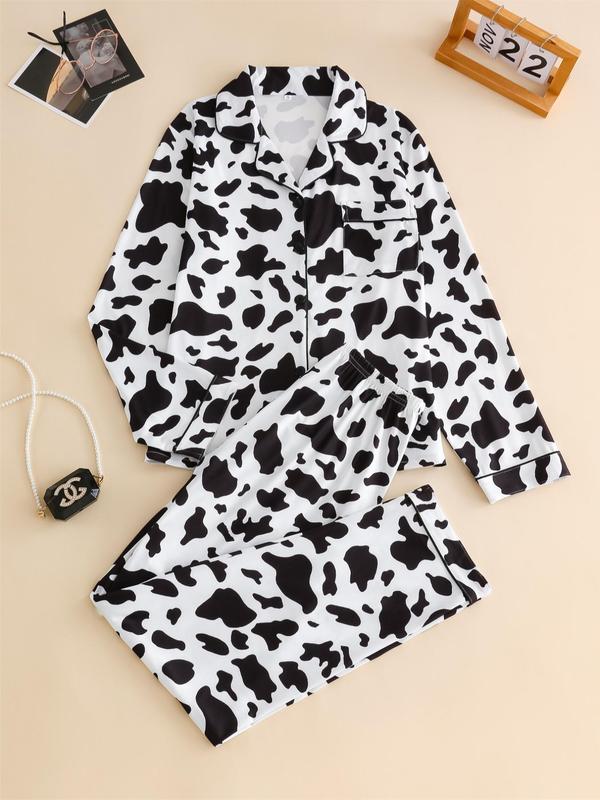 Two-Piece Set Women's Cow Print Pajama Set, Long Sleeve Lapel Neck Button Front Shirt & Pants PJ Set, Women's Sleepwear for Spring & Fall