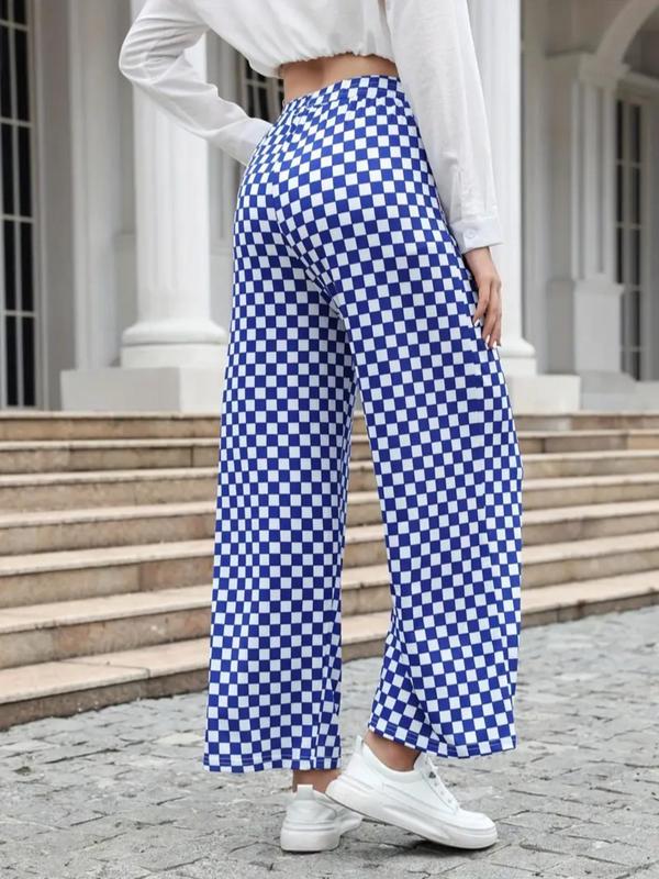 Women's Checkerboard Print Elastic Waist Wide Leg Pants, Casual High Waist Trousers for Fall, Fashion Women's Bottoms for Daily Wear, Boho Clothes, Pants for Women, Fall Outfits 2024, Comfy Pants, Preppy 80s Clothes