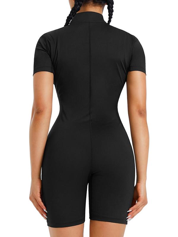 Women's Minimalist Zipper Mock Neck Shapewear Romper, Summer Wear 2024, Fall Casual One-piece Tummy Control Short Sleeve Shaper, Lady Comfort Sauna Shapewear Shorts Bodysuit, Tummy Shaper Bodysuit, Fall Wear, Fallfreshness