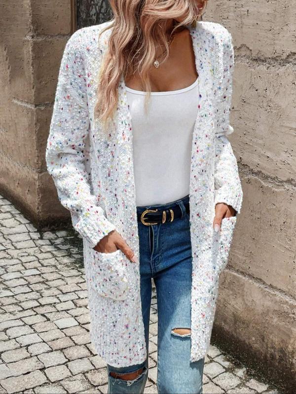 Women's All Over Print Pocket Drop Shoulder Cardigan, Casual Long Sleeve Open Front Knitwear for Daily Wear, Ladies Clothes for All Seasons, Going Out Outfits 2024, Cardigan for Women