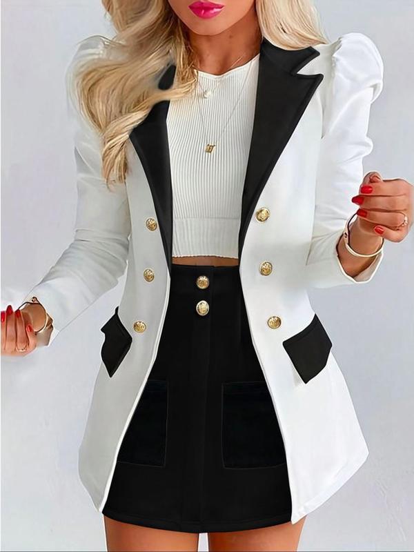 Two-Piece Set Women's Solid Fake Buttons Decor Puff Sleeve Blazer & High Waist Pocket Skirt Two-piece Set without Inner Top, Lapel Long Sleeve Blazer & Skirt Y2k Set for Work Office Business, Ladies Summer Clothes, Going Out Outfits