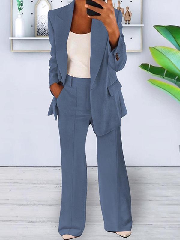 Two-Piece Set Women's Solid Color Button Front Flap Detail Blazer & Pocket Suit Pants, Elegant Lapel Neck Long Sleeve Outerwear & Trousers for Work Office Business, Ladies Spring & Fall Clothes