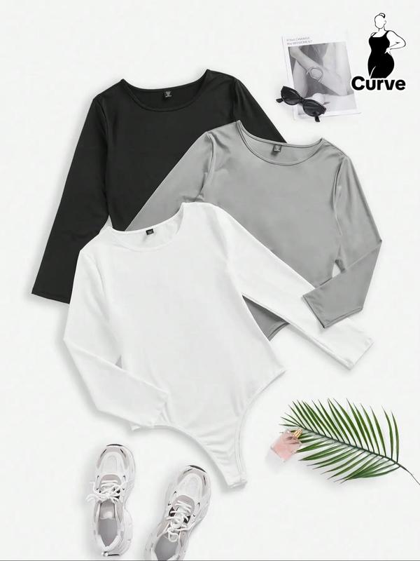  Solid Long Sleeve Bodysuit, Casual Comfy Round Neck Bodysuit for Spring & Fall, Women's Clothes for Daily Wear Tops