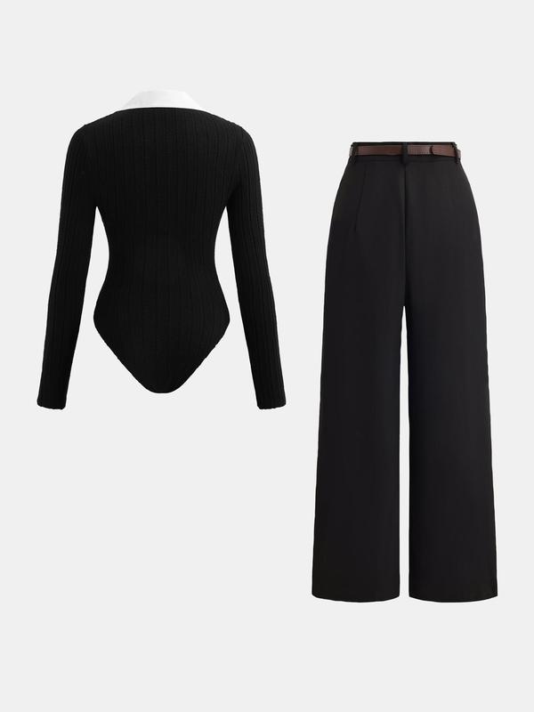 Black Friday Deals YOZY Two-Piece Set Women's Button Bodysuit & Plain Belted Wide Leg Pants, Elegant Long Sleeve Bodysuit & Plicated Trousers Set for Work Office Business, Christmas 2024 Trend, Thanksgiving Clothes, Fall Clothes, Winter Clothes