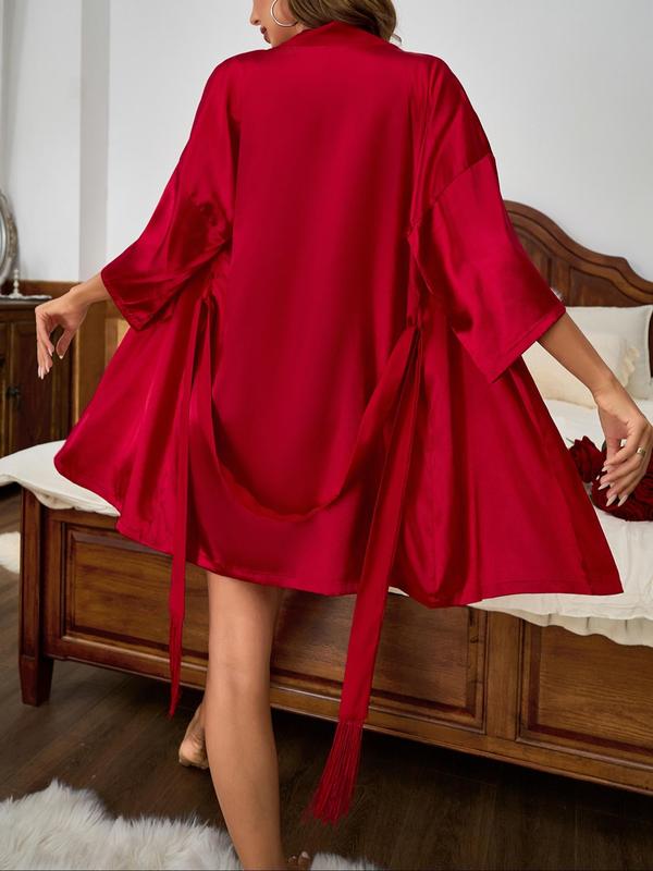 Women's Solid Fringe Trim Belted Satin Lounge Robe, Casual Drop Shoulder 3 4 Sleeve Lounge Robe, Ladies Sleepwear for All Seasons