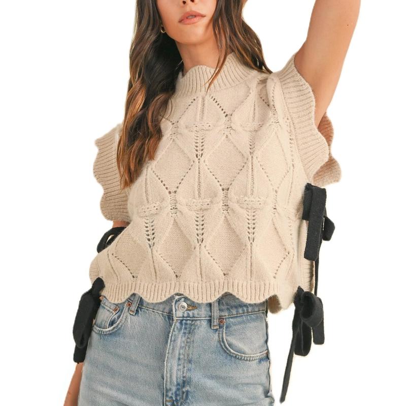 Women Y2K Ribbon Bow Sweater Vest Chunky Cap Sleeve Knit Vest with Bows Casual Lace Up Bandage Crochet Knit Tank Tops