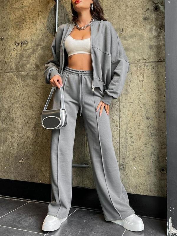 Sporty Two-Piece Set Women's Plain Mock Neck Zip Up Jacket & Pocket Drawstring Waist Sweatpants Sports Sweat Suit, Sports Cozy Breathable Outfits for Daily Outdoor Wear, Ladies Sportswear for All Seasons