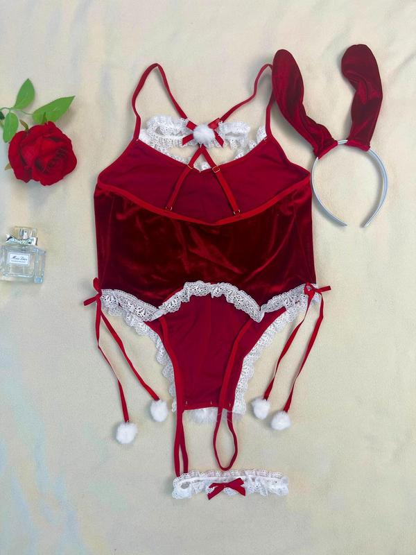 Women's Contrast Lace Pom Pom Decor Crotchless Bodysuit & Bow Decor Choker & Thigh Ring & Rabbit Ear Design Headband Sexy Lingerie Set, Sexy Lingerie Costume, Women's Underwear for Christmas Party