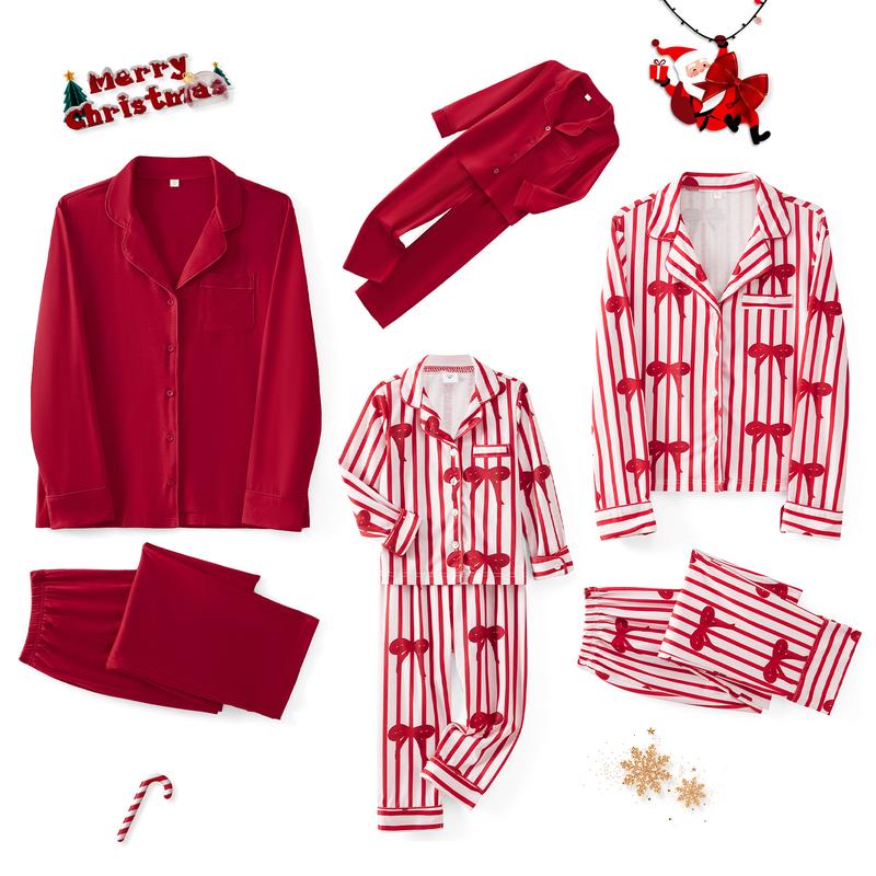 Matching Christmas Pajamas For Family Lapel Neck Button-up Long Sleeve Tops Long Pants 2-Piece Bow Solid Color Loungewear Outfit