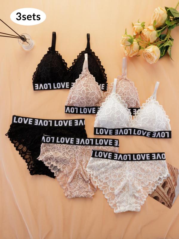 Women's Basic Minimalist Letter Tape Lace Bra Set, Comfort Casual Scallop Trim Wireless Bra & Knicker, Lady Chic Underwear Set, Summer Wear, Lady Underwear Set